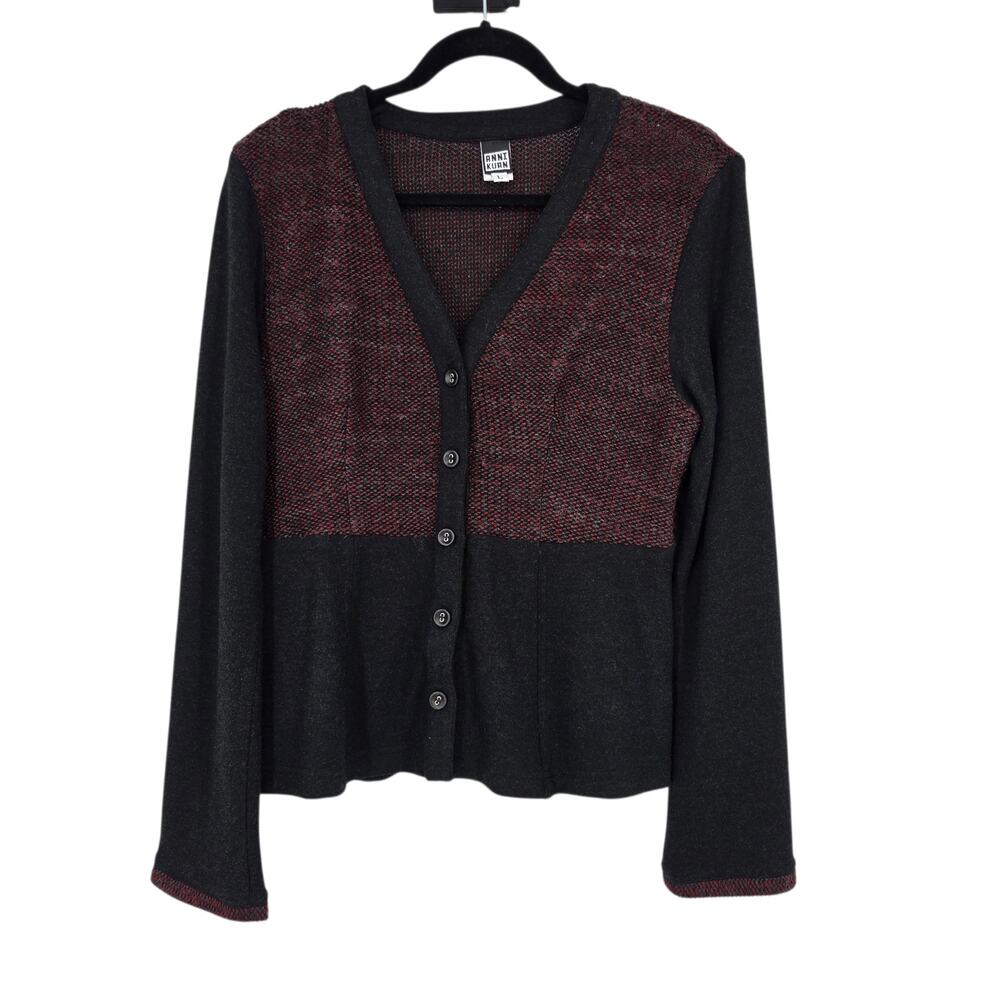 Anni Kuan Charcoal Black & Marled Red Colorblock V-neck Button Cardigan Size L